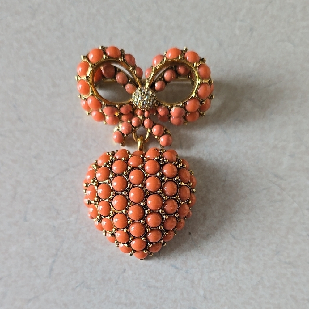 Joan Rivers Orange and Gold Bow Brooch with Heart Pendant